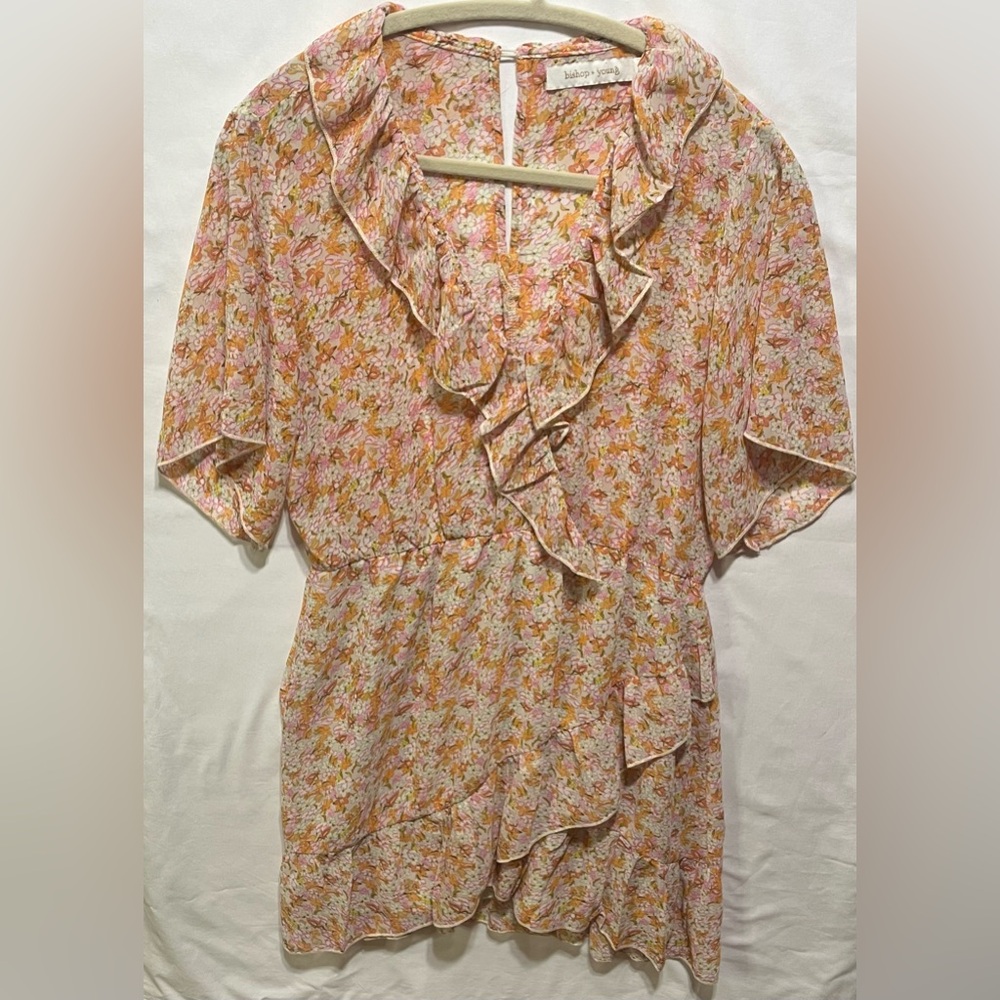 bishop + young Pink and Orange Ruffled Tie Front Midi Dress